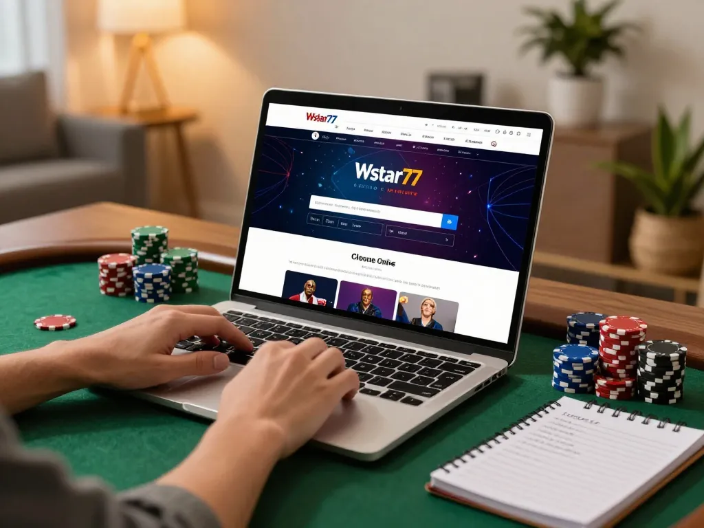 Engaging online gaming session at Wstar77 with poker chips and strategic notes.