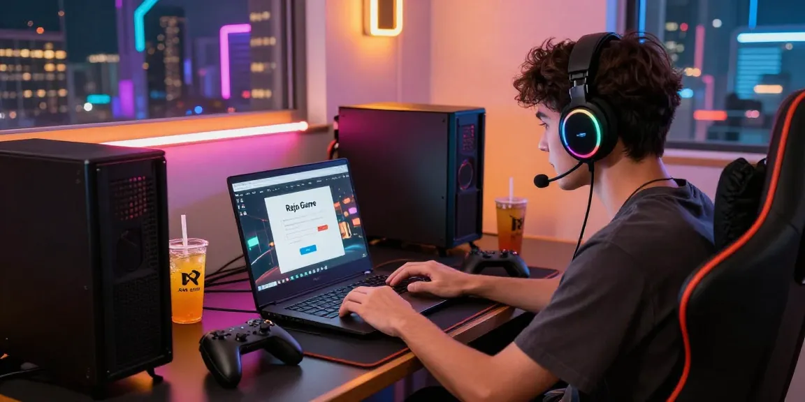 Engaging Raja Game login scene with a gamer focused on their laptop