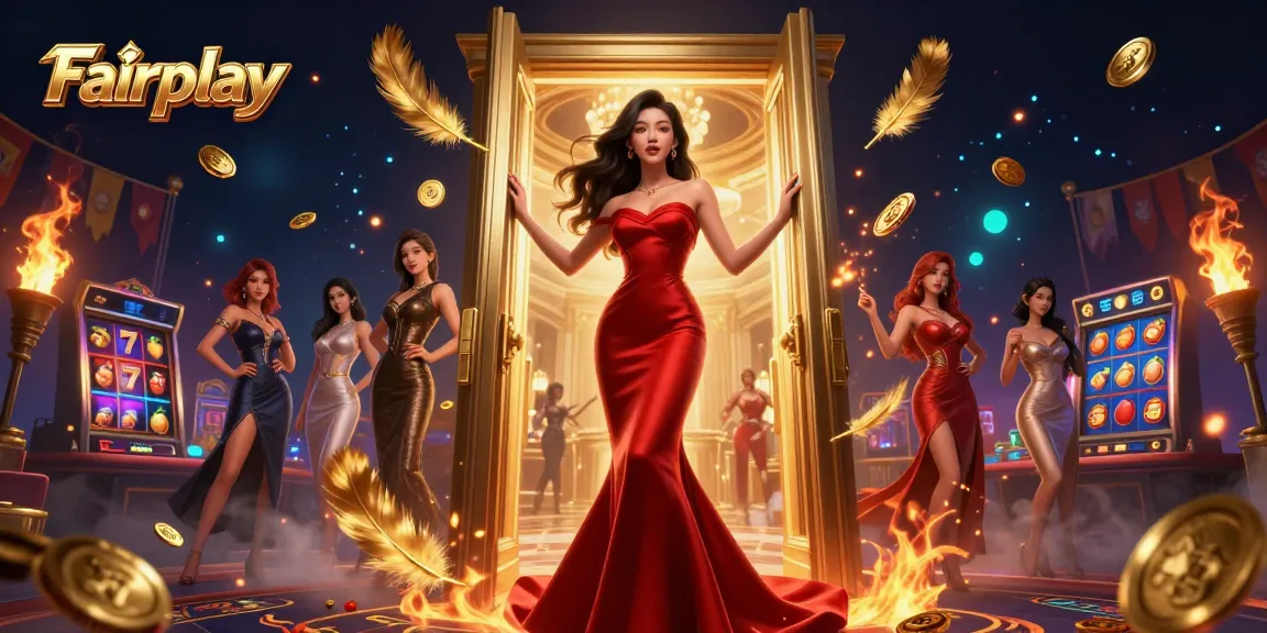 Experience Fairplay at a vibrant casino scene with a stunning woman, slot machines, and golden gaming elements.