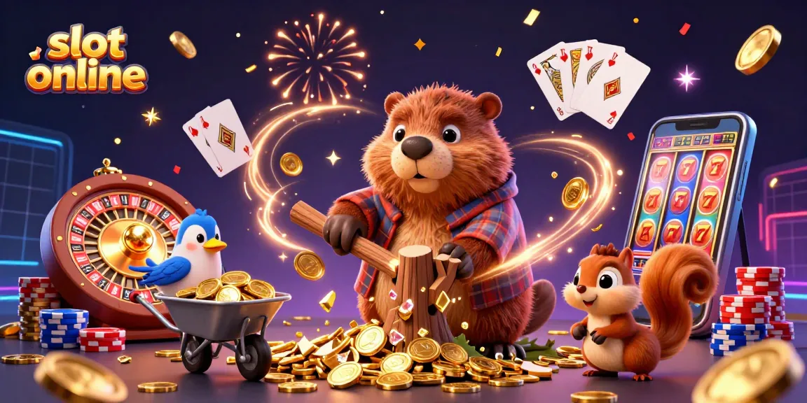 Menangkan slot online dengan ilustrasi kasino yang dinamis dan penuh warna, menampilkan karakter lucu mengumpulkan koin emas.