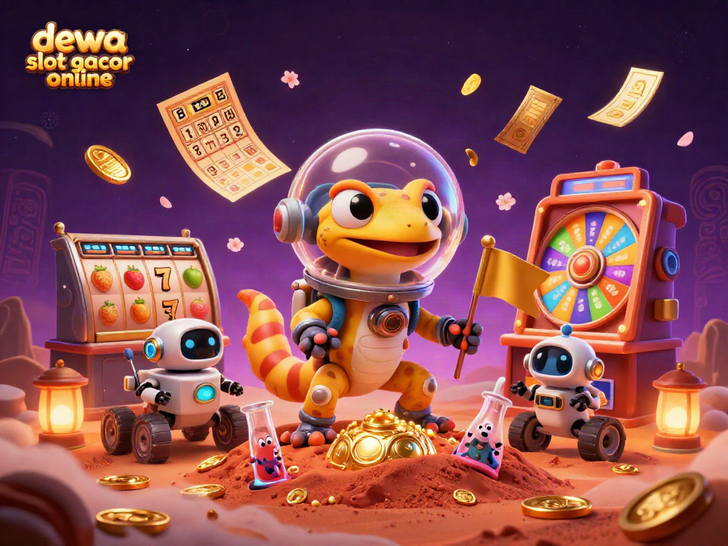 dewa slot gacor online dengan tema kasino luar angkasa, karakter kartun unik dan elemen permainan berwarna-warni.