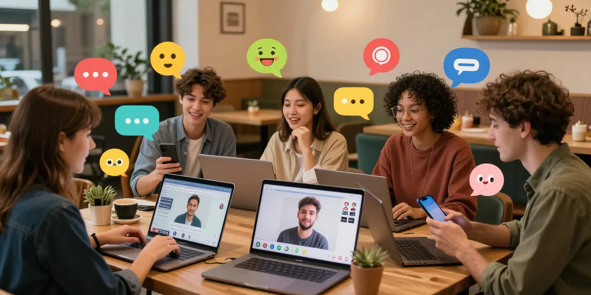 A lively digital chat scene with users engaged in شات دردشتي, surrounded by chat bubbles and cozy coffee shop ambiance.