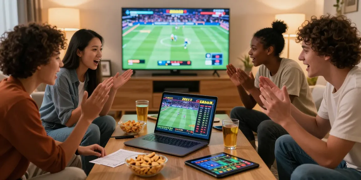Friends enjoying betting on 28bet in a lively living room setting with snacks and games on display
