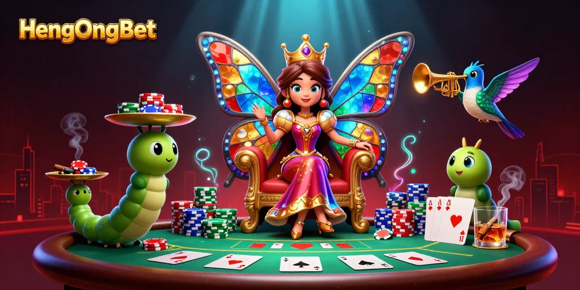 Engage with HengOngBet as the butterfly queen sits on her throne among poker chips and cards.