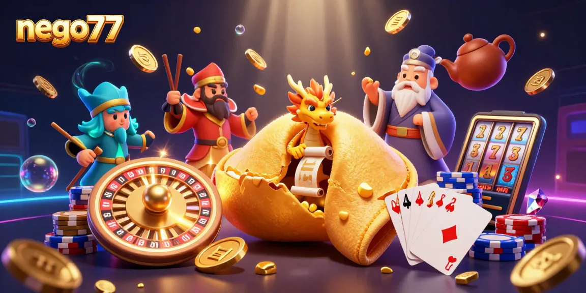 Engage with nego77's dynamic gambling scene featuring vibrant slot elements and golden treasures.