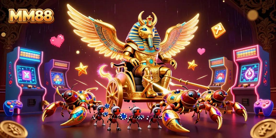 Experience the thrill of MM88 online gaming with vibrant 3D characters and casino elements.