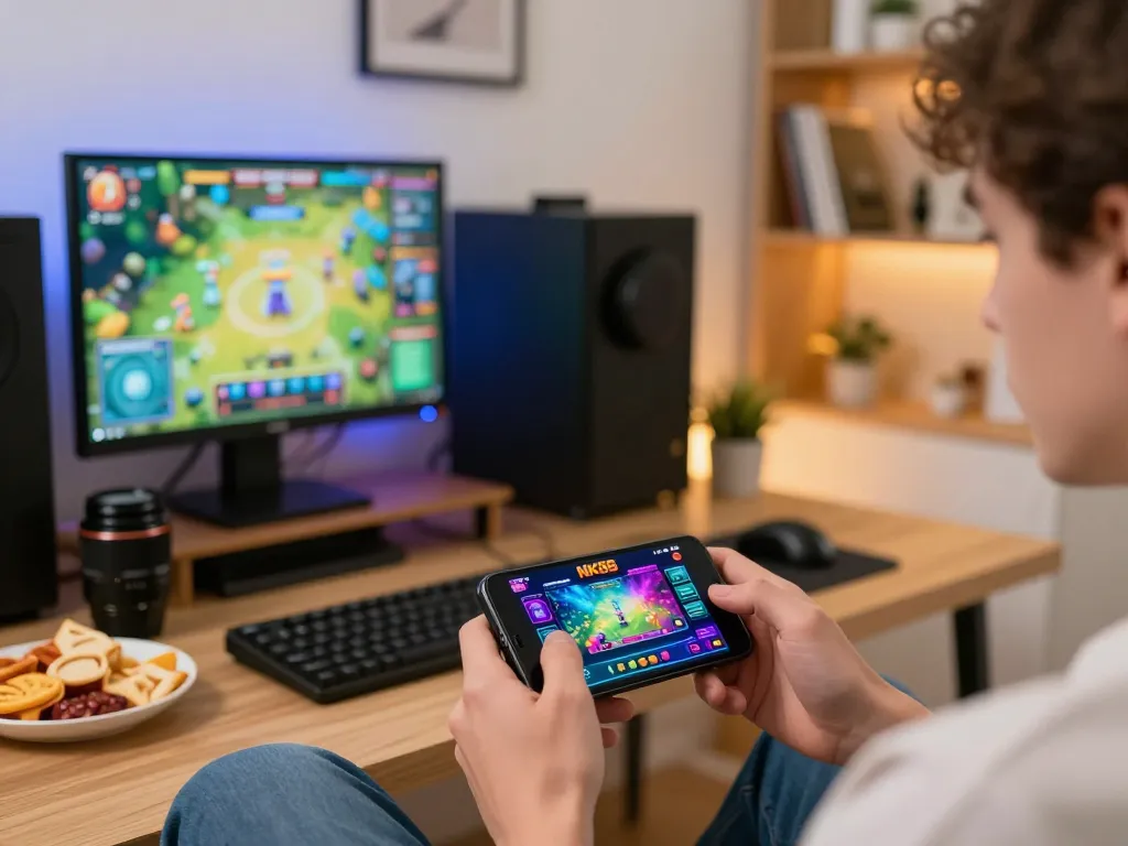Engaging with the NK88 win app on a smartphone in a cozy home gaming setup.