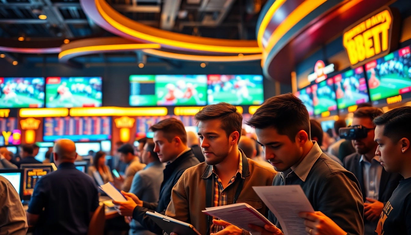 Engage in Sports Betting with enthusiasts analyzing odds and placing bets in a vibrant sportsbook.