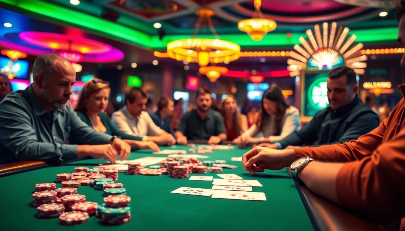 Players engage in a thrilling Poker Game with vibrant chips and intense competition.