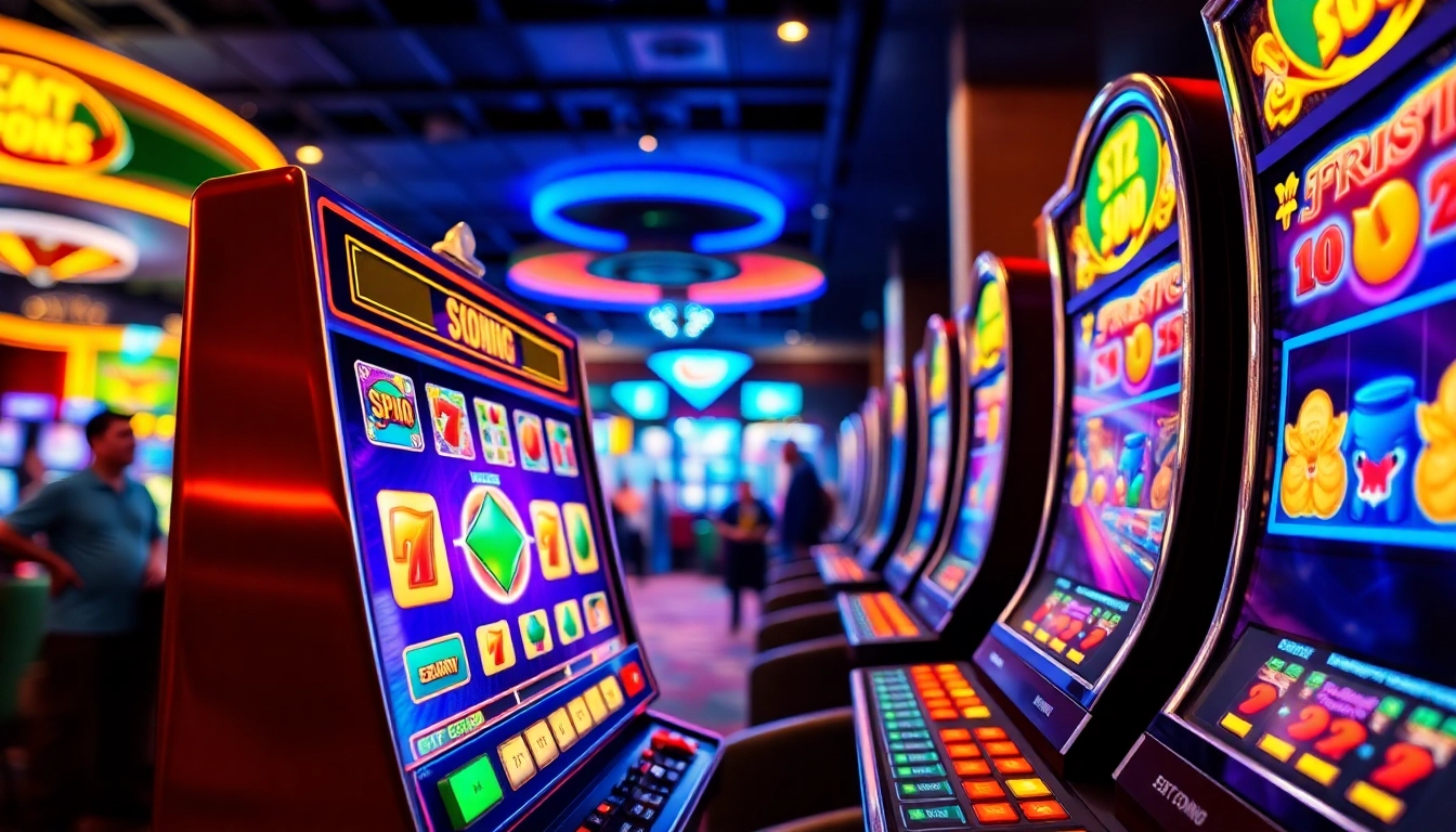 Slot Game yang menarik dengan mesin berwarna-warni dan suasana kasino yang ramai.
