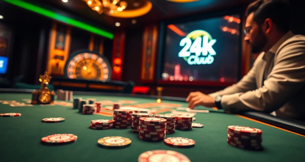 Một bàn chơi tại 24kclub với các chip poker và các quân bài thể hiện sự hứng khởi khi cá cược.