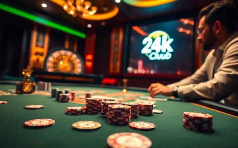 Một bàn chơi tại 24kclub với các chip poker và các quân bài thể hiện sự hứng khởi khi cá cược.