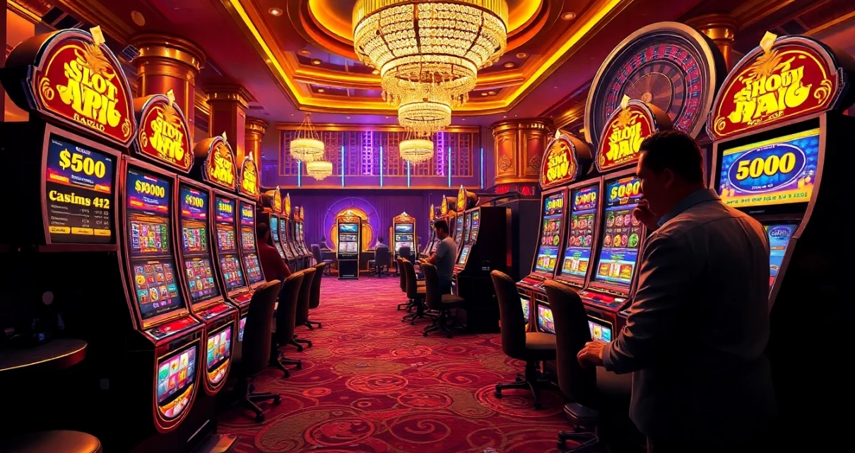 Players enjoying high-stakes gameplay at Slot API Raja 88 surrounded by vibrant casino elements.