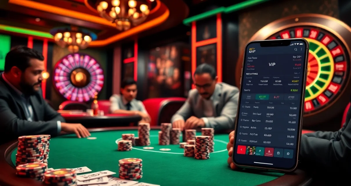 Người chơi tham gia tại bàn poker trong một sòng casino sôi động khi sử dụng ứng dụng Bet VIP để nhận định cược.