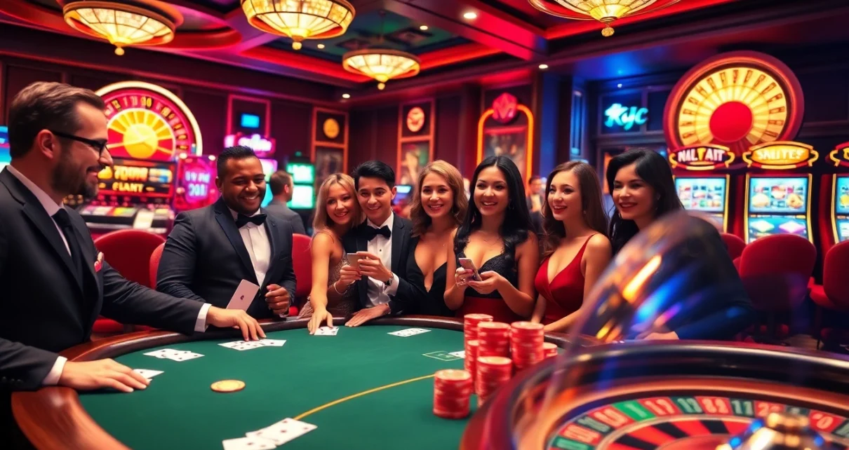 KJC poker table set in a luxurious casino ambiance with vibrant lighting and eager players.