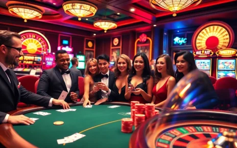 KJC poker table set in a luxurious casino ambiance with vibrant lighting and eager players.