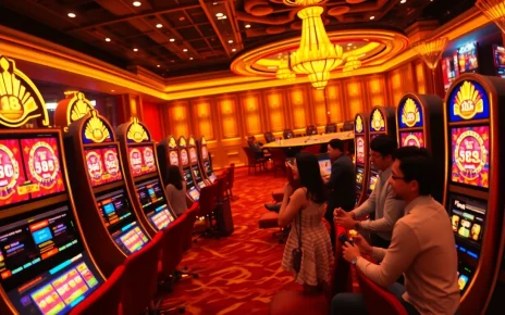 Experience the thrill of winning at slot api raja 88 in a luxurious casino setting featuring vibrant slot machines.