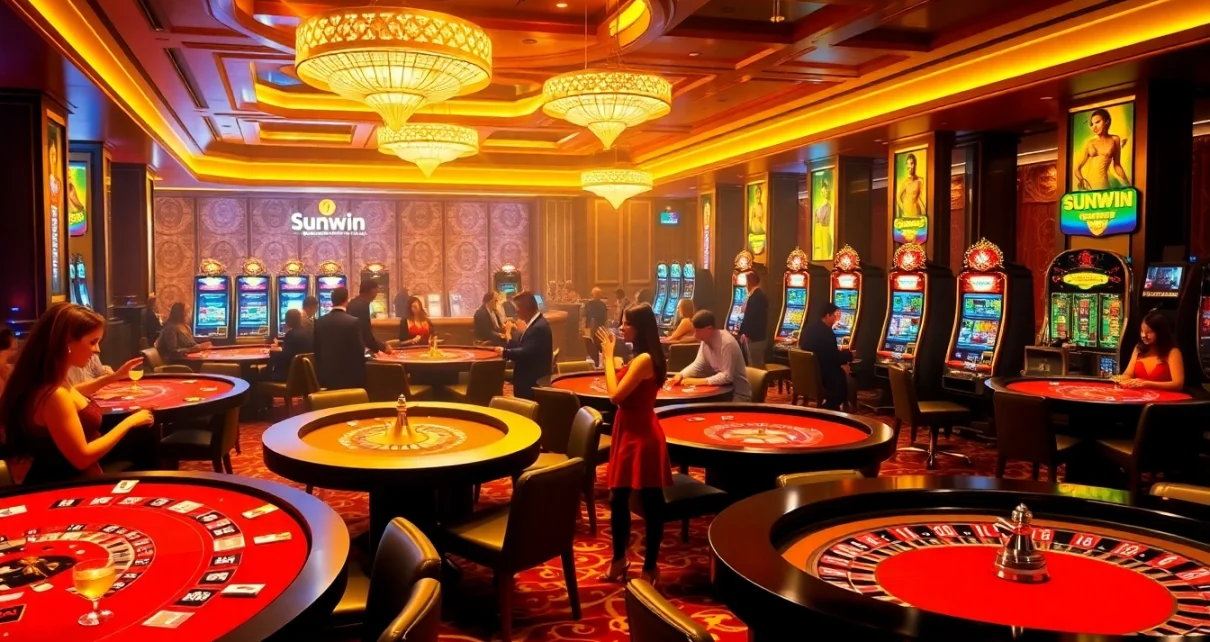 Sunwin players enjoying a vibrant casino atmosphere with poker and slot games.