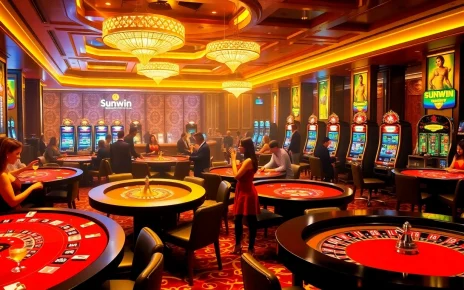 Sunwin players enjoying a vibrant casino atmosphere with poker and slot games.