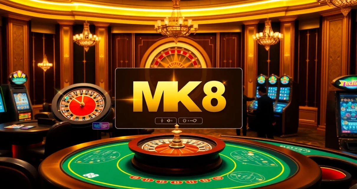 Engaging casino scene with MK8 interface featuring roulette, poker, and slot machines.