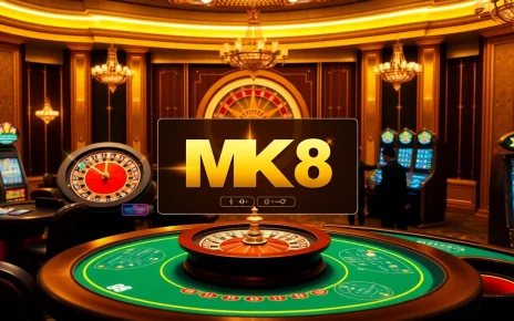 Engaging casino scene with MK8 interface featuring roulette, poker, and slot machines.