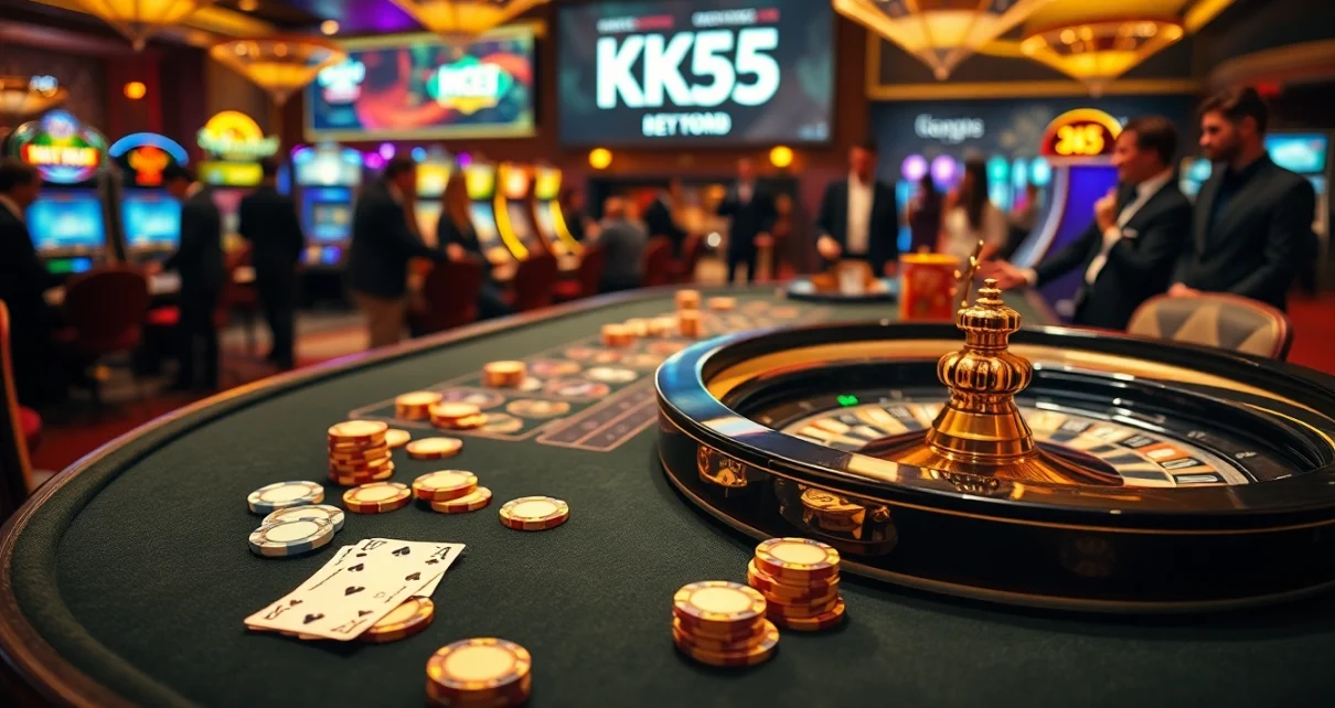 Experience high-stakes gameplay in the KK55 casino, featuring vibrant poker chips and a stylish roulette wheel.