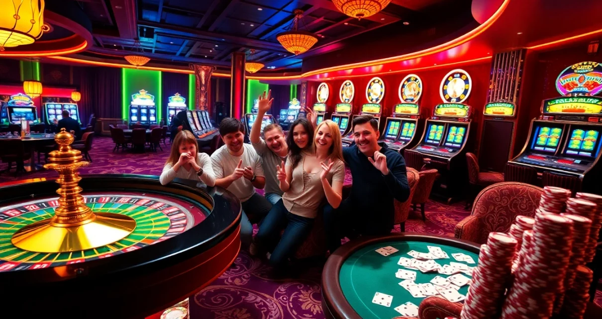 Players enjoying a thrilling game at a vibrant rikvip casino table with colorful chips.