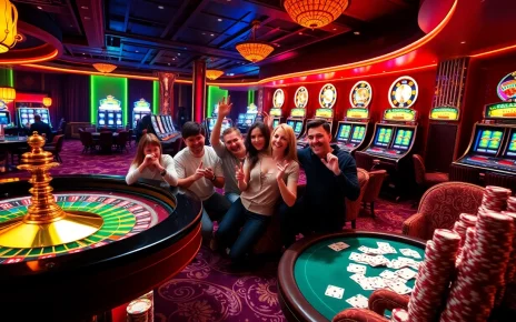 Players enjoying a thrilling game at a vibrant rikvip casino table with colorful chips.