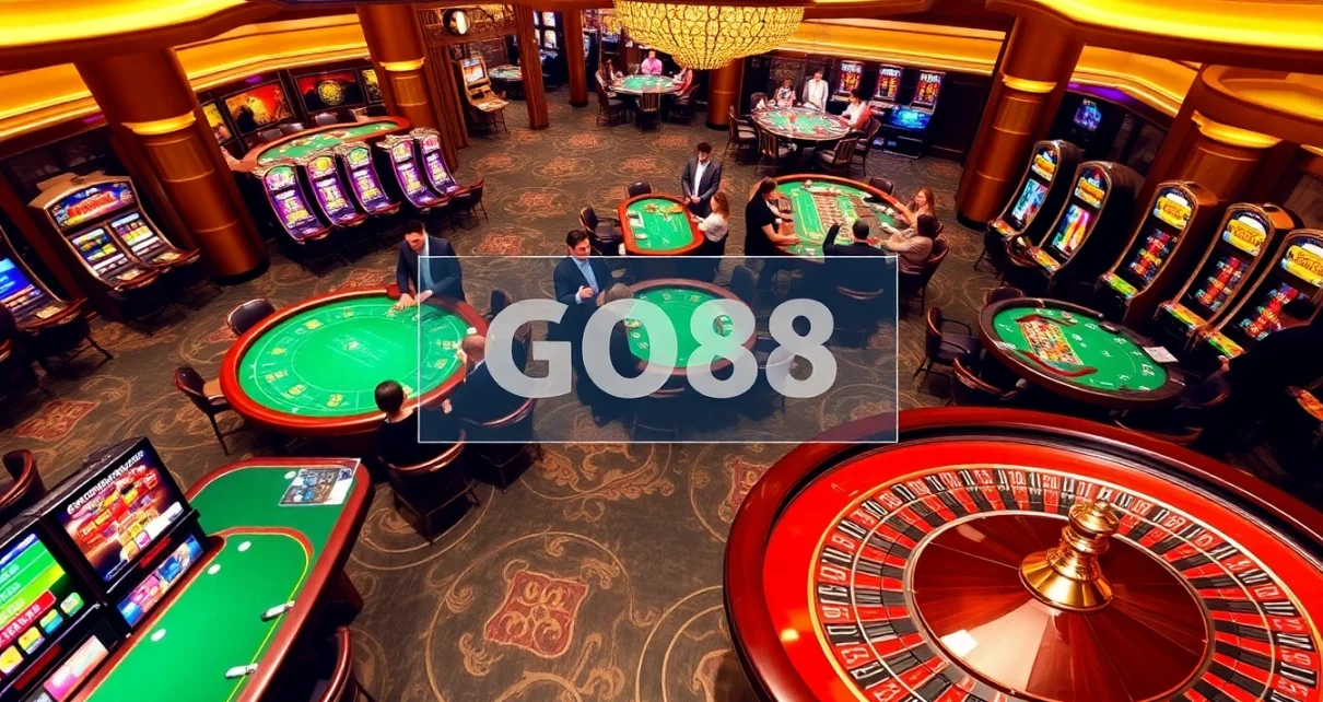 Casino gaming excitement at https://go88.fast/ with vibrant tables, dealers, and slot machines.