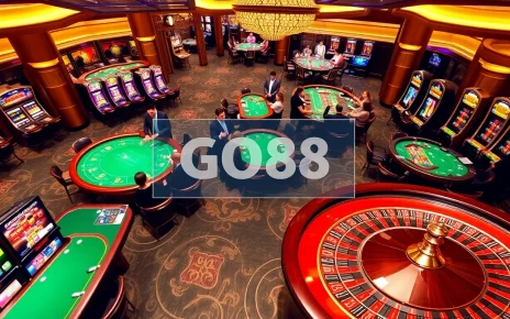 Casino gaming excitement at https://go88.fast/ with vibrant tables, dealers, and slot machines.