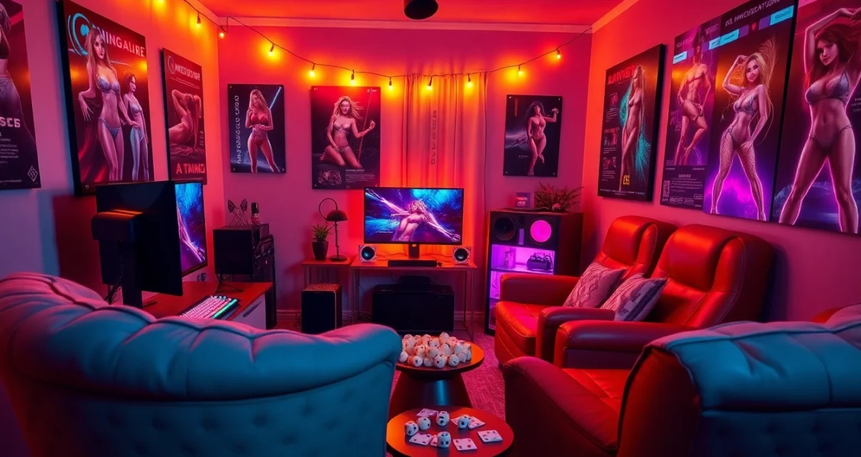 Engaging scene of a cozy gaming setup with vibrant colors and elements related to sex games.
