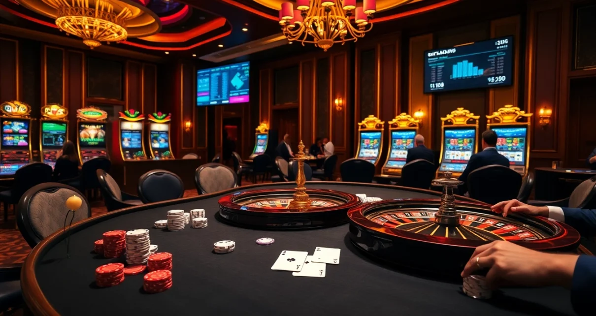 Engaged players enjoying an exciting gambling atmosphere at nhà cái bl555 with dazzling casino elements.