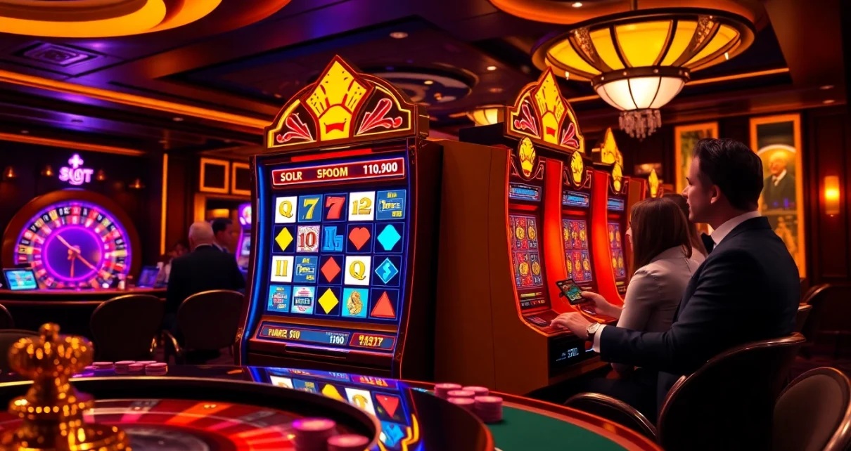 Play the exciting slot api raja 88 at a vibrant casino filled with slot machines and poker tables.