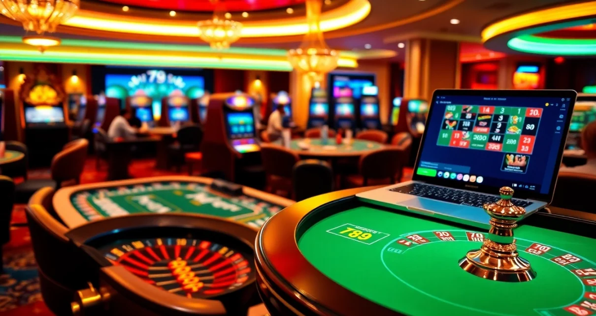 Exciting casino scene illustrating players enjoying poker and vibrant 789 win slot machines.