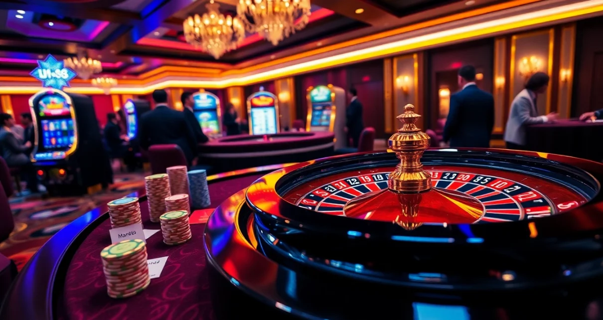 Man88 highlights an exciting roulette game with elegant players and vibrant casino atmosphere.