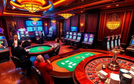Experience the excitement of MM88 at a luxurious casino with poker tables and flashing slot machines.