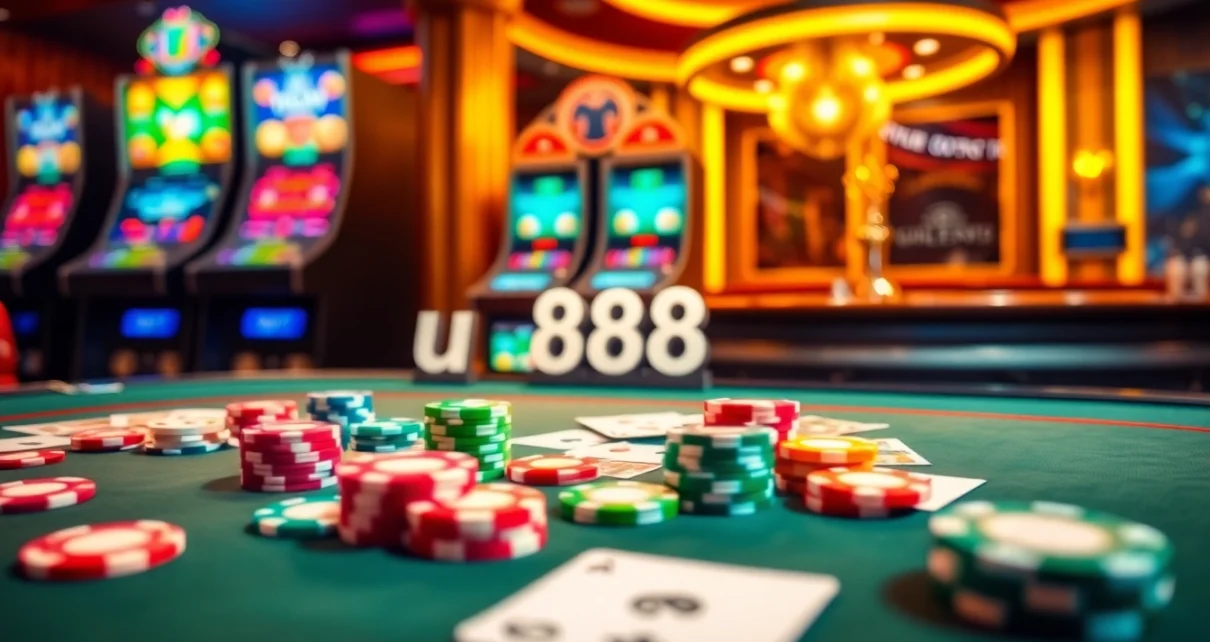 Engaging u 888 casino experience displaying poker chips and vibrant slot machines.