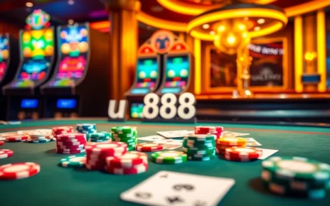 Engaging u 888 casino experience displaying poker chips and vibrant slot machines.