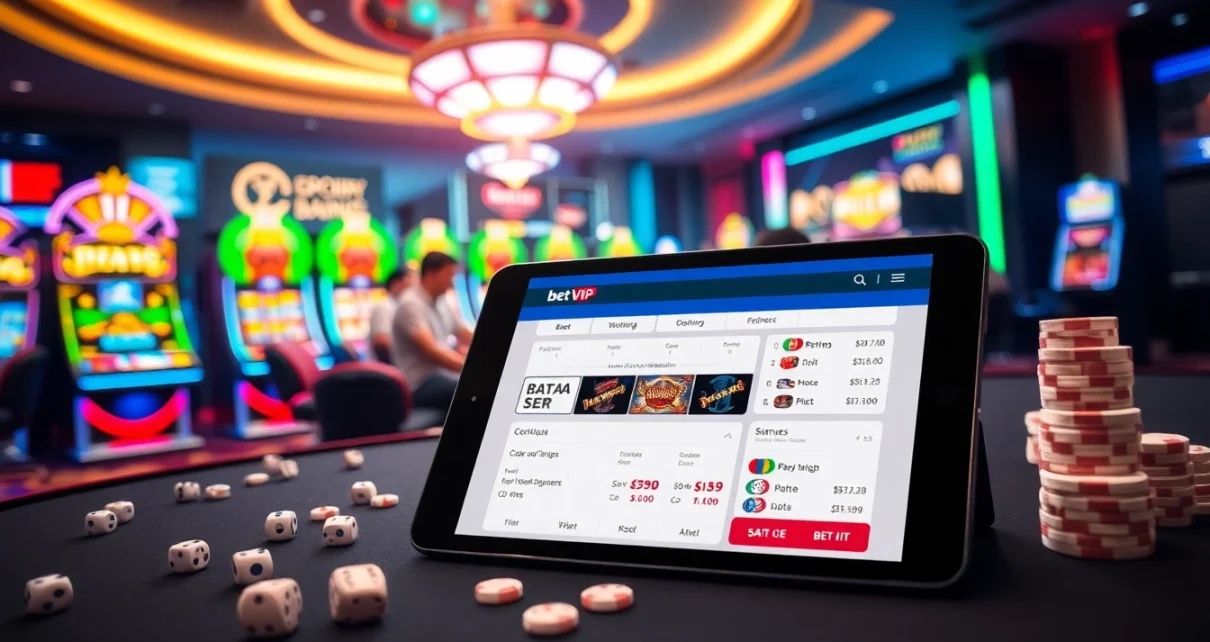 Người chơi tận hưởng cảm giác hồi hộp khi trải nghiệm ứng dụng Bet VIP trong một casino sôi động với các yếu tố cờ bạc nổi bật.