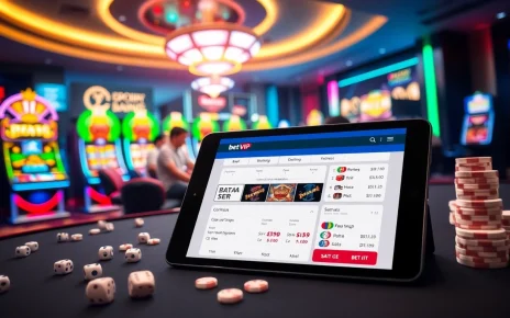 Người chơi tận hưởng cảm giác hồi hộp khi trải nghiệm ứng dụng Bet VIP trong một casino sôi động với các yếu tố cờ bạc nổi bật.