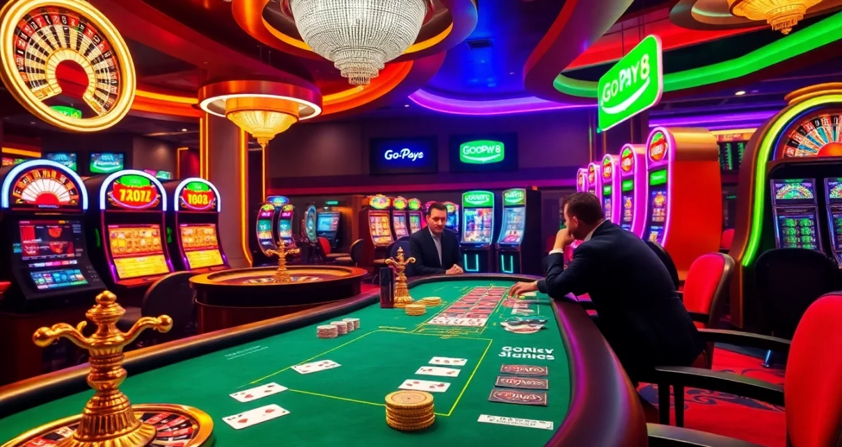 Gopay88 Daftar highlighted in a vibrant casino setting with poker and roulette gameplay.