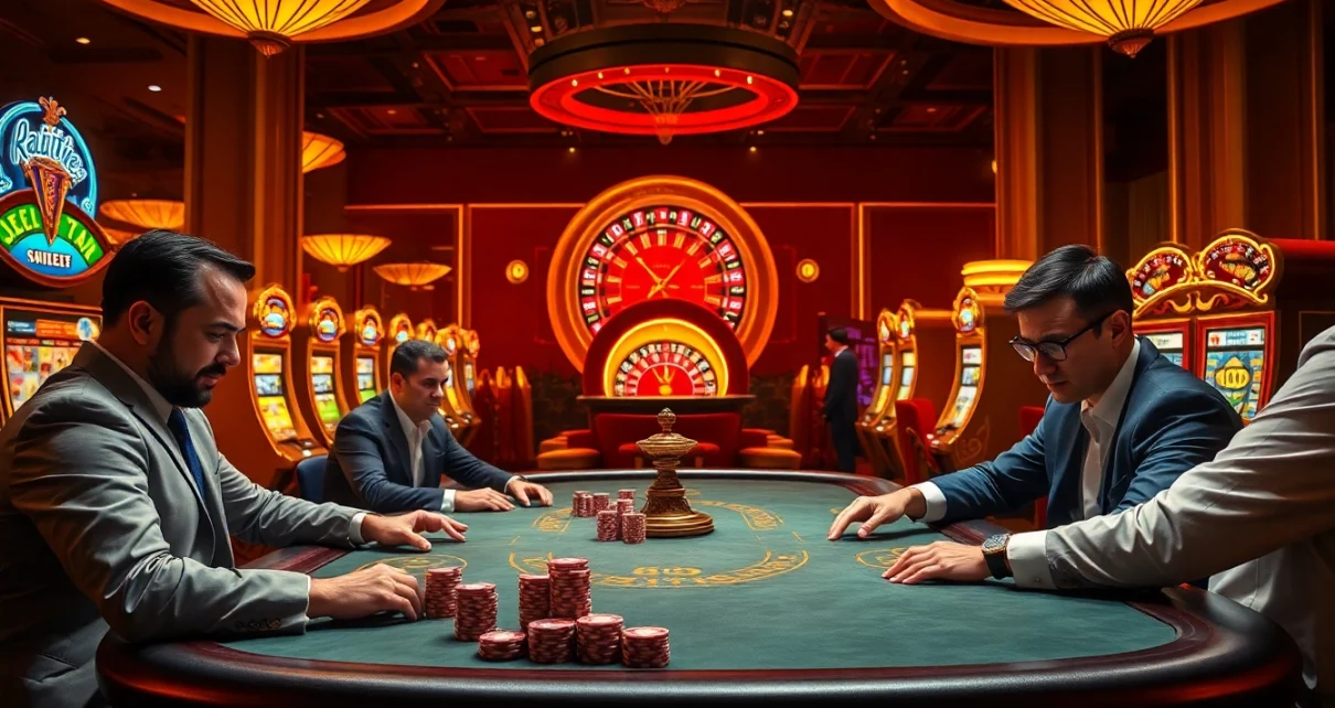 Intensely focused players at a high-stakes poker table in a luxurious casino scene featuring KK55 elements.