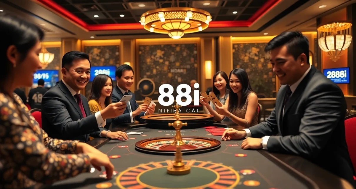 Engaged players enjoying a thrilling game at the 88i nhà cái casino table with vibrant atmosphere.