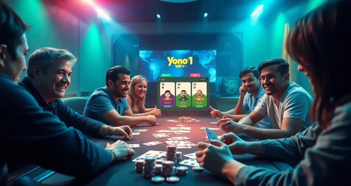 Exciting group of friends enjoying Yono VIP card games on modern platform.
