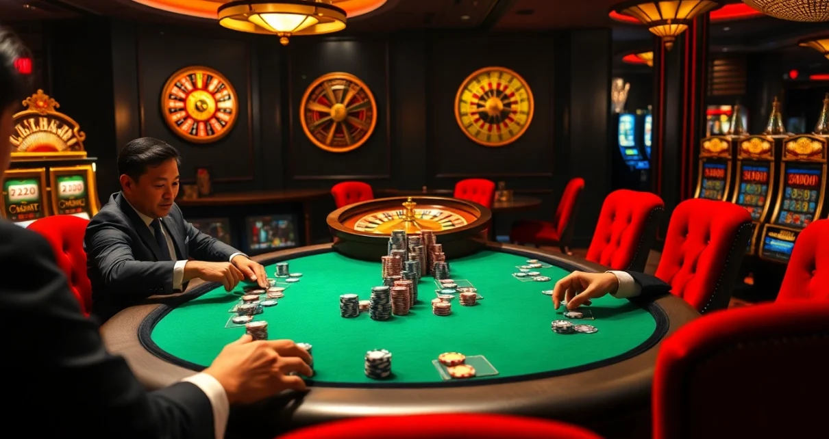 Experience the thrill of pengeluaran china at a luxurious poker table surrounded by excited players and vibrant casino elements.