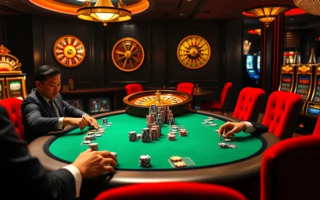 Experience the thrill of pengeluaran china at a luxurious poker table surrounded by excited players and vibrant casino elements.
