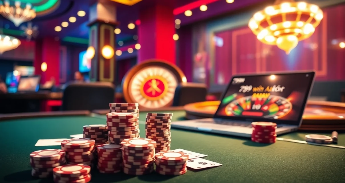 Engaging scene of gamblers at a casino table with 789win đăng nhập on a laptop screen.