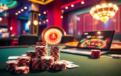 Engaging scene of gamblers at a casino table with 789win đăng nhập on a laptop screen.