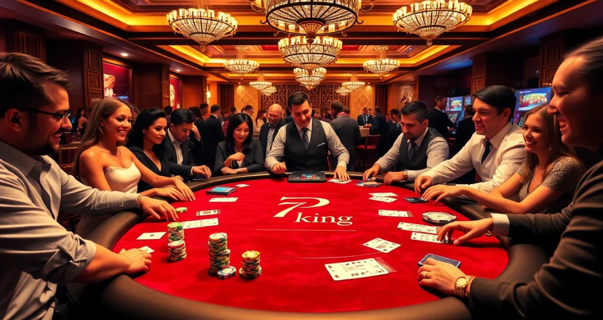 Exciting poker game showcasing 79 king branding on a luxurious table with chips, cards, and engaged players.