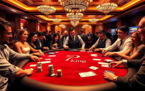 Exciting poker game showcasing 79 king branding on a luxurious table with chips, cards, and engaged players.